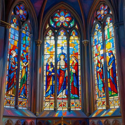 Vibrant stained glass windows in Gothic-style church, featuring colorful biblical scenes with figures in red, blue, and green robes.