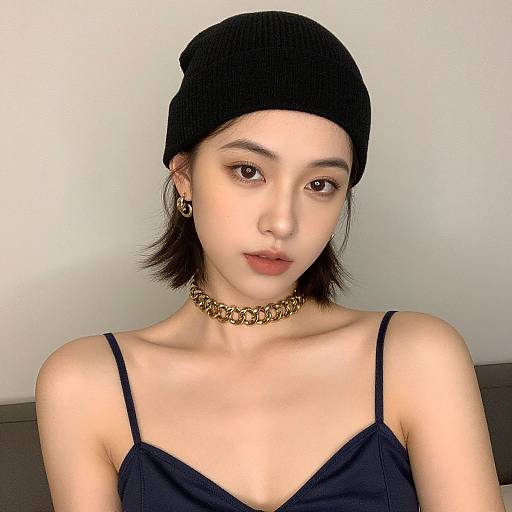 Photograph of an Asian woman with short black hair, wearing a black beanie, gold choker, and black spaghetti strap top, against a plain