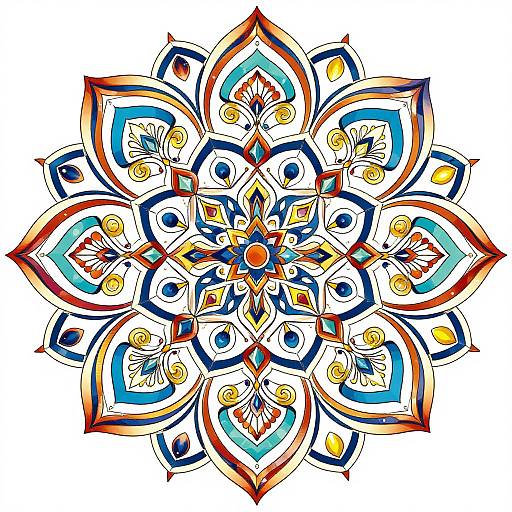 Vibrant, intricate mandala design with multicolored, symmetrical patterns featuring red, blue, yellow, and orange shapes on a white background