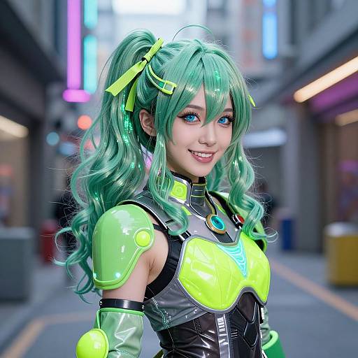 Energetic Girl in Neon Cyberpunk Armor