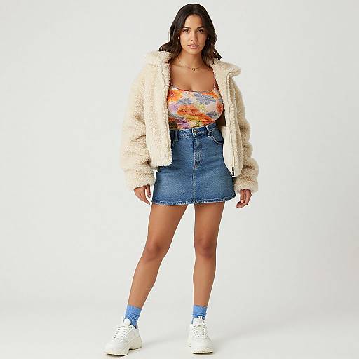 Photograph of a woman with dark hair, wearing a fluffy cream jacket, colorful floral top, blue denim skirt, blue socks, and white sneakers,