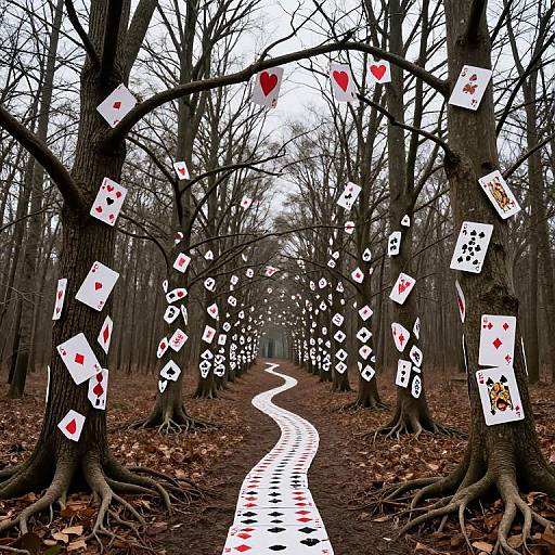 Photograph of a forest path lined with bare trees, each adorned with playing cards and red hearts, creating a surreal, magical atmosphere.