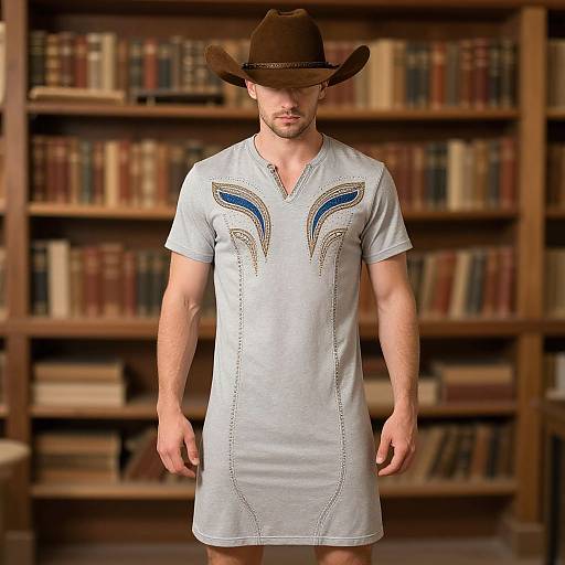 Photograph of a bearded Caucasian man in a brown cowboy hat, white V-neck t-shirt with blue and gold embroidery, standing in a wooden book