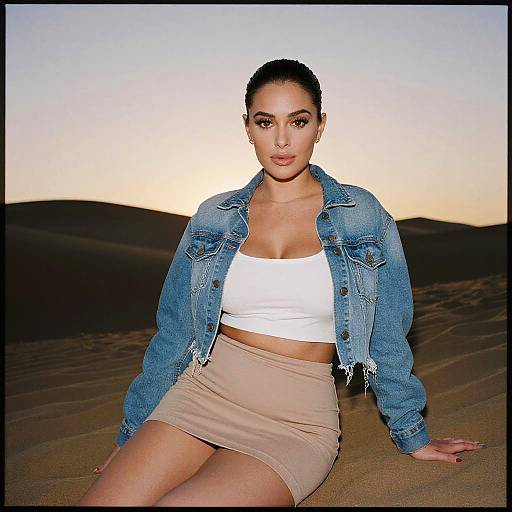 Photograph of a confident woman with fair skin and dark hair in a bun, wearing a white crop top, beige skirt, and blue denim jacket,