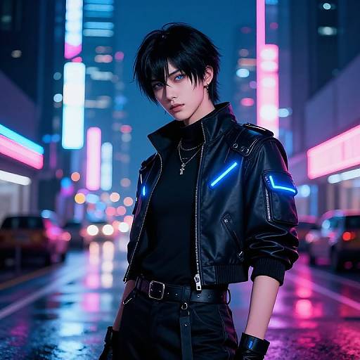 Neon-lit city street at night, young Asian man with black hair, wearing a black leather jacket with blue accents, black shirt, standing in