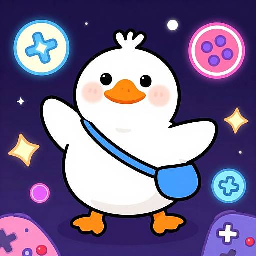 Cute cartoon white duck with orange beak and feet, blue satchel, raised arm, in vibrant, colorful, space-themed background with glowing