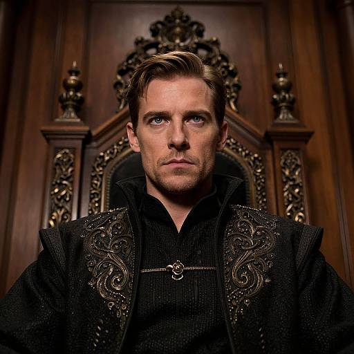 Photograph of a serious, blue-eyed man with short brown hair in ornate black medieval-style attire, standing before an elaborately carved wooden door.