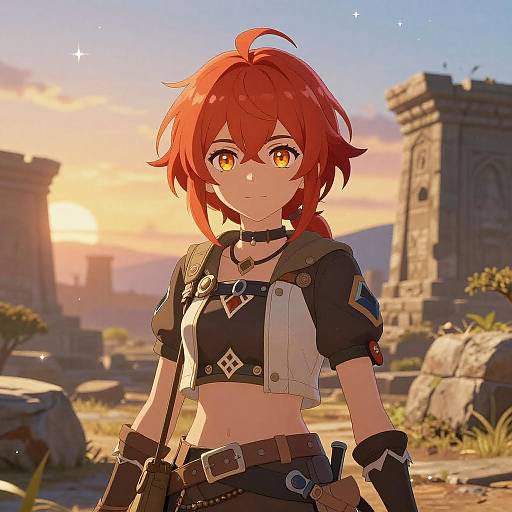 Anime-style digital artwork of a red-haired girl with yellow eyes, wearing a black and white crop top, standing in a sunlit, ancient ruins background