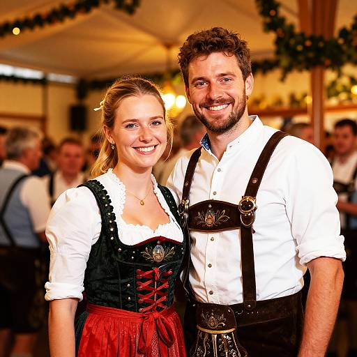 Photograph of smiling couple in traditional Bavarian attire; woman with blonde hair in black bodice and red skirt, man with brown hair, white shirt