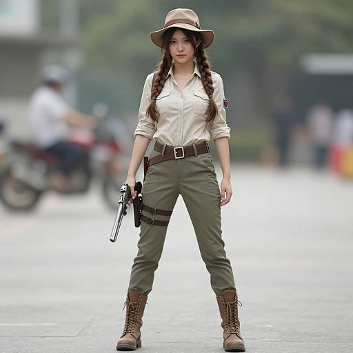 Photograph of a confident Asian woman in a white shirt, green pants, brown boots, and hat, holding a gun, standing on a blurry urban