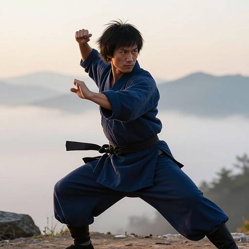 Photograph of an Asian martial artist in a blue gi performing a dynamic fighting stance outdoors, with misty mountains and sky in the background.