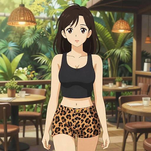 Anime-style drawing of a young woman with black hair, wearing a black sports bra and leopard-print shorts, standing in a sunny, tropical outdoor café.
