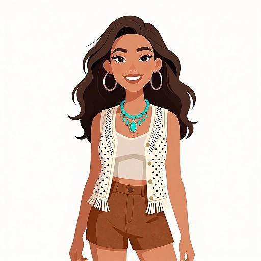 Digital illustration of a smiling, dark-haired woman with hoop earrings, turquoise necklace, white sleeveless vest, and brown shorts, standing against a white background