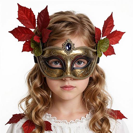 Photograph of a young girl with wavy blonde hair, wearing an ornate gold masquerade mask adorned with a blue gem, and red maple