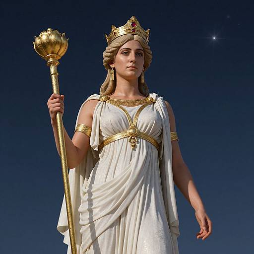 Digital artwork of a regal woman in a white toga with gold trim, holding a golden staff, crowned, against a dark blue starry sky