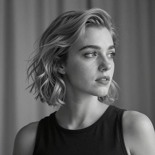 Black and White Portrait of Young Woman with Wavy Hair