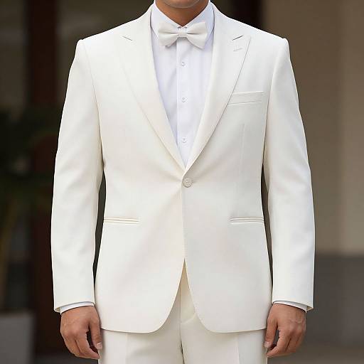 Photograph of a man in a crisp white suit with a bow tie, centered in frame, background blurred. Elegant, formal attire.