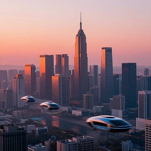 Photograph of a cityscape at sunset, with a towering skyscraper illuminated by orange light, surrounded by modern buildings, and two blurred, white,
