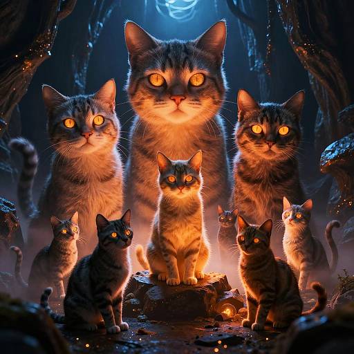Mystical Glowing Cats in Fantasy Cavern