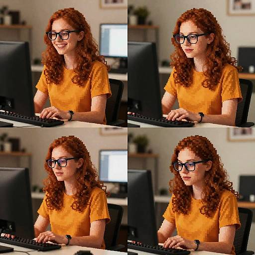 Photograph of a red-haired woman with glasses, wearing an orange t-shirt, typing on a computer keyboard in a modern office. Four-panel collage shows