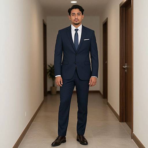 Photograph of a young South Asian man in a dark navy suit, white shirt, black tie, standing in a white-walled, tiled hallway.