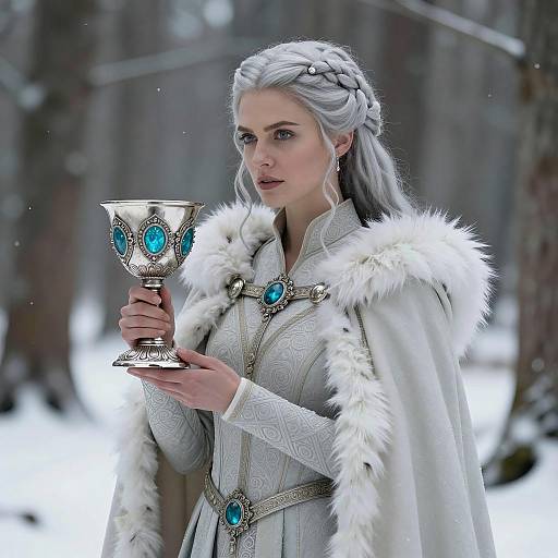 Regal Woman in Medieval Attire Holding Ornate Chalice
