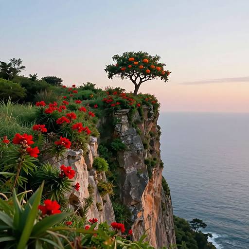 Photograph of a cliffside with vibrant red flowers, lush greenery, and a single tree with orange fruits, overlooking a calm blue ocean at sunset