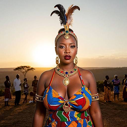 Photograph of a proud, dark-skinned African woman with large breasts, colorful patterned dress, gold jewelry, and a feathered headpiece,