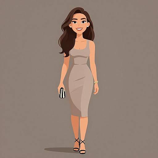 Digital cartoon of a smiling woman with long black hair, wearing a gray sleeveless dress, black high heels, and holding a black clutch, standing against