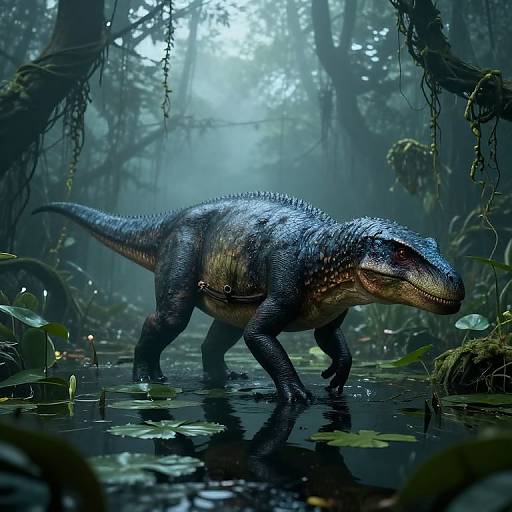 Photorealistic CGI of a blue-scaled, spiky dinosaur walking through a misty, lush, prehistoric jungle with dark, reflective water and