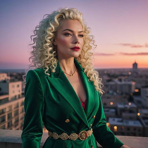 Elegant Woman in Green Velvet Tuxedo at Dusk