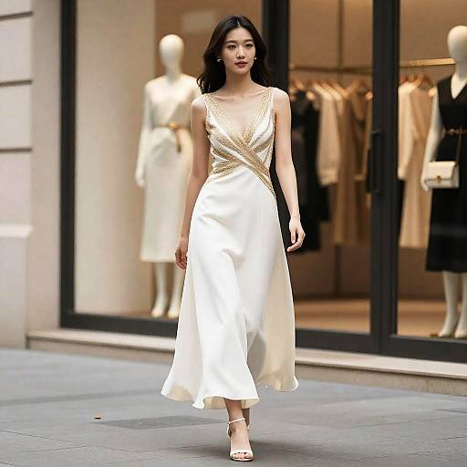 Asian woman in a white, gold-embellished sleeveless dress, walking in front of a fashion store with mannequins and hanging clothes