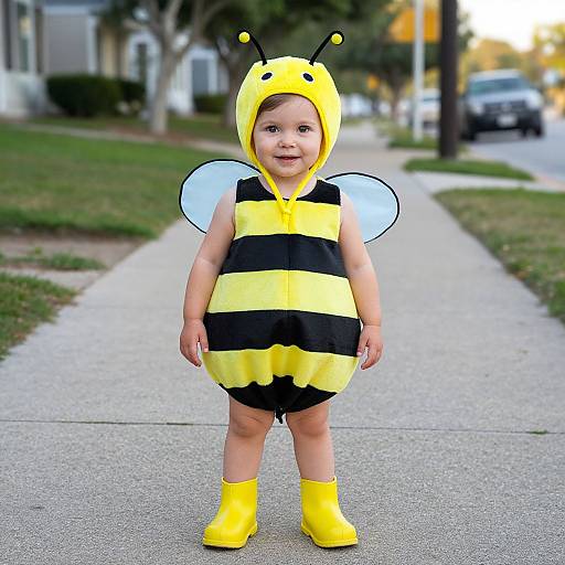 Photograph of a smiling toddler in a yellow and black bee costume with wings and yellow boots, standing on a suburban sidewalk.