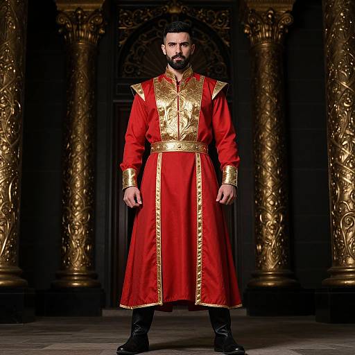 Photograph of a bearded man with a serious expression, wearing a red and gold embroidered long tunic, standing in front of ornate, dark