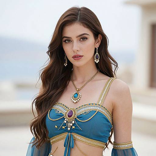 Photograph of a beautiful young woman with long brown hair, wearing a blue and gold belly dancer outfit with intricate jewelry, standing outdoors with a blurred white