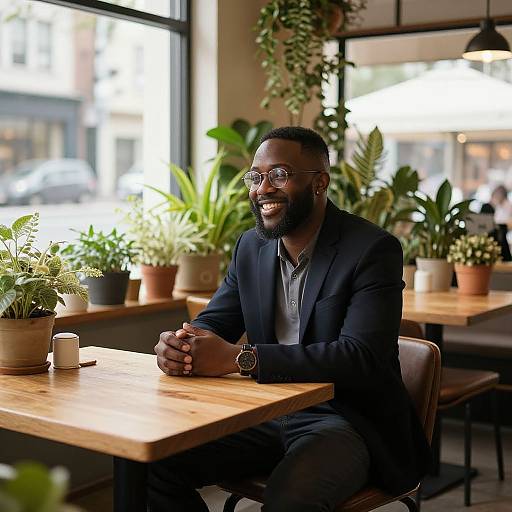 Cheerful Black Man in Urban Cafe