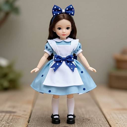 Photograph of a doll with long brown hair, blue polka-dot bow, white and blue dress, white apron, white socks, black Mary