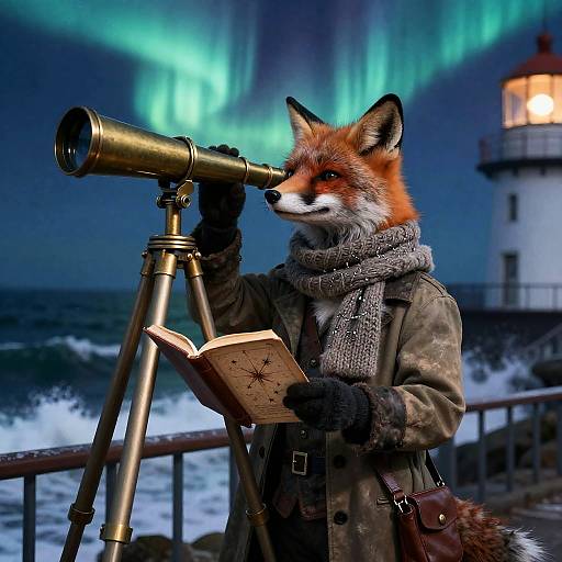 Captain Fox Stargazing Under Aurora
