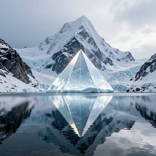 Photograph of a glowing, geometric ice structure reflecting in a still, icy water body, with a snow-covered mountain peak in the background.