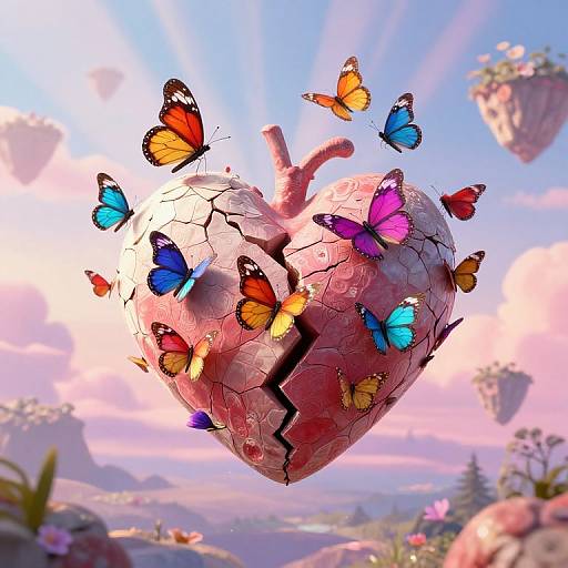 Digital art: Crackled pink heart with a stem floating in a vibrant, sunny sky, surrounded by colorful butterflies, with floating islands in the background.