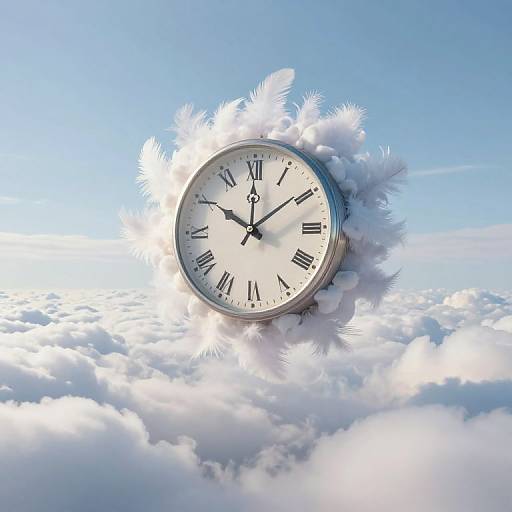 Photograph of a floating, white clock with black Roman numerals, surrounded by fluffy clouds and feathers, against a bright blue sky.