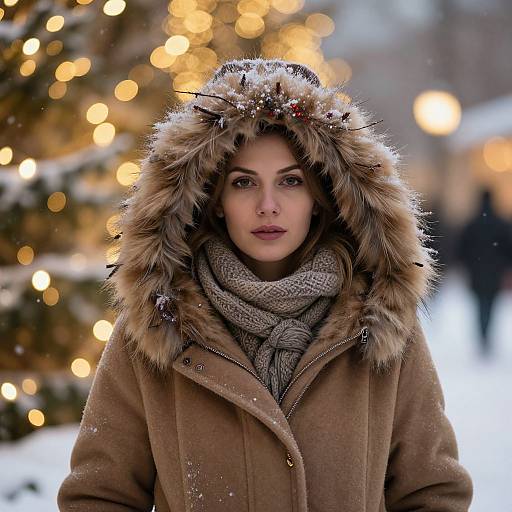 Photograph of a young woman with fair skin and brown eyes, wearing a brown fur-trimmed winter coat and scarf, standing in a snowy,