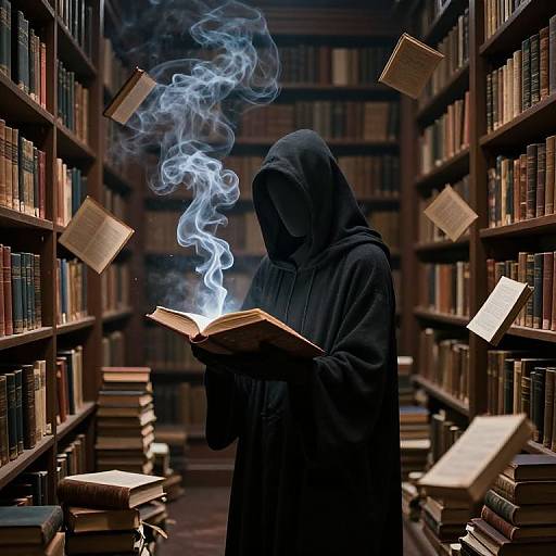Mysterious figure in black hooded robe reads glowing book, surrounded by floating books, in dimly lit, book-filled library.