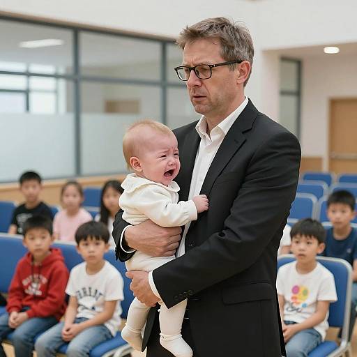 Concerned Man Holding Crying Baby in Hall