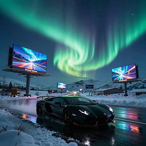 Midnight Aurora Lamborghini on Icy Highway