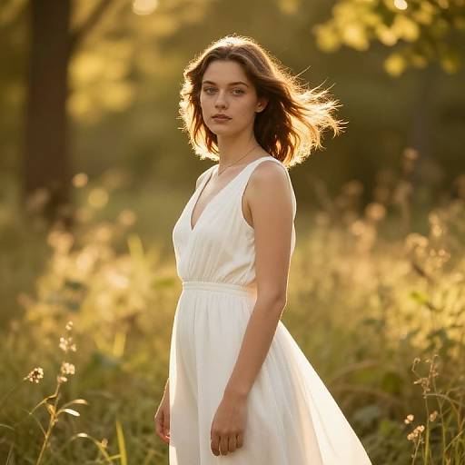 Photograph of a young woman with fair skin and shoulder-length brown hair in a white, sleeveless, V-neck dress, standing in a sunlit