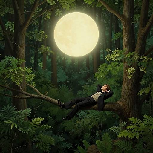 Photograph-like digital art of a man in a black suit and white shirt, reclining on a tree branch, gazing at a glowing full moon