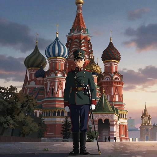 Anime Soldier in Front of St. Basil's Cathedral Moscow Dawn