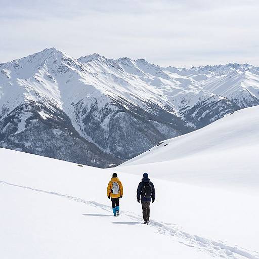 Photograph of three people in winter clothes walking on a snowy mountain trail, with towering, snow-covered peaks in the background.