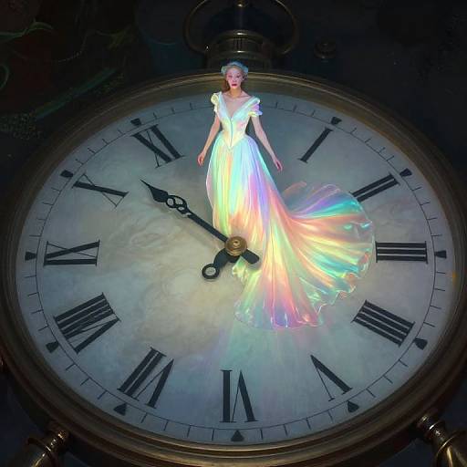 Photograph of a woman in a glowing, rainbow-colored, flowing gown standing on an antique clock face with Roman numerals.